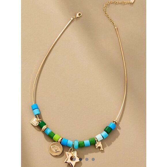 Anthropologie Jewelry - Anthropologie Beaded Charm Necklace in Turquoise, Blue, Gold NWT
